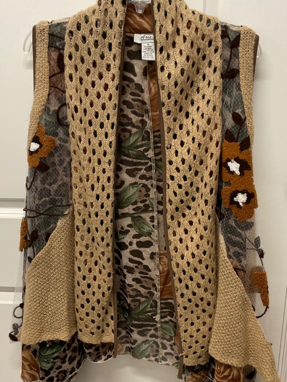 ANIA A - LEOPARD EMBROIDERY MIXED MEDIA LONG ASYMMETRIC KNIT VEST CARDIGAN